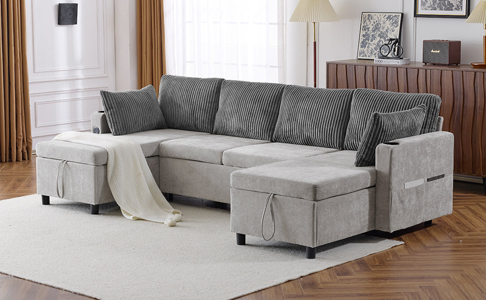 Corduroy Couch with Chaise Sleeper, Sectional Sofa Pull-Out, Grey