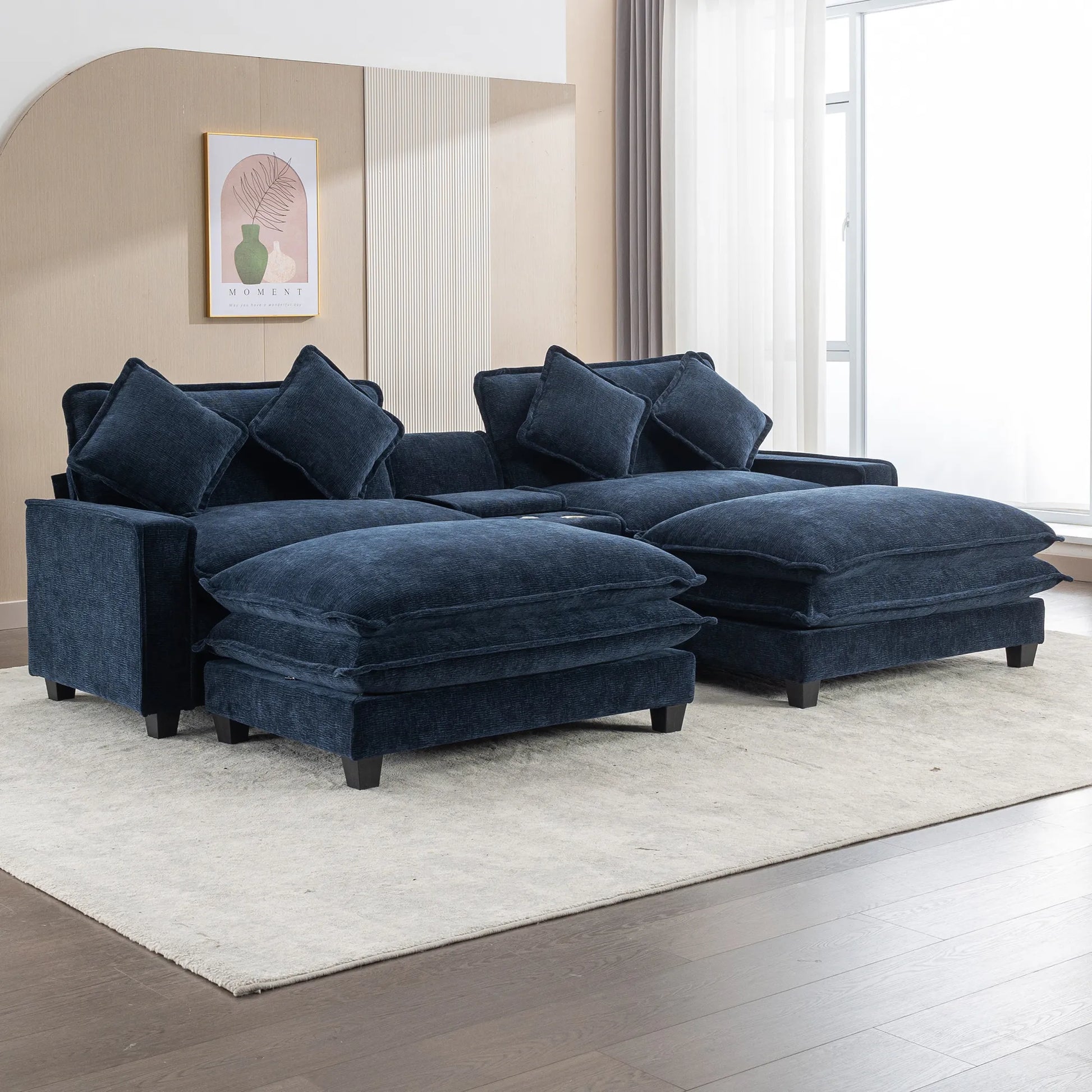 Plush Couch, Deep Seat Couch with Ottomans, Blue