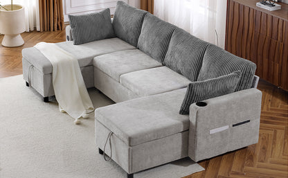 Corduroy Couch with Chaise Sleeper, Sectional Sofa Pull-Out, Grey