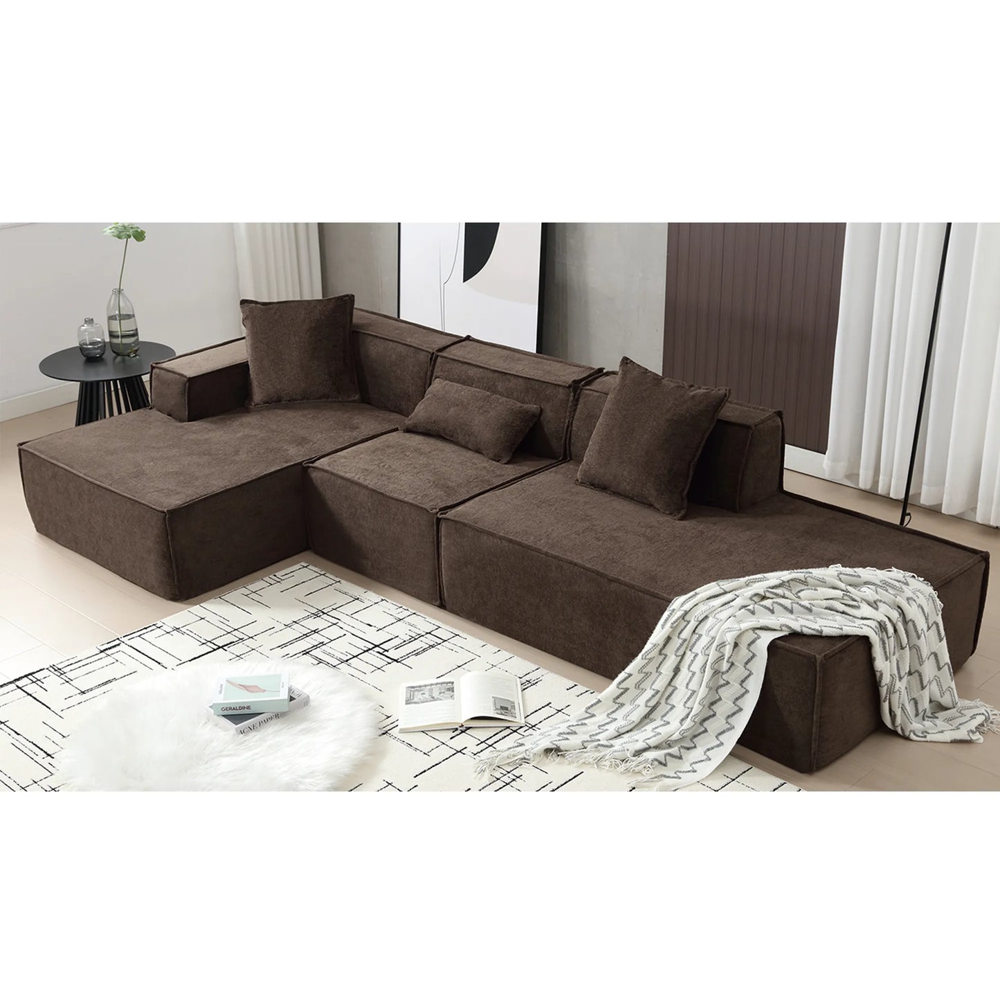 Modular Lounge Sofa, L Shaped Sectional with Chaise, Brown