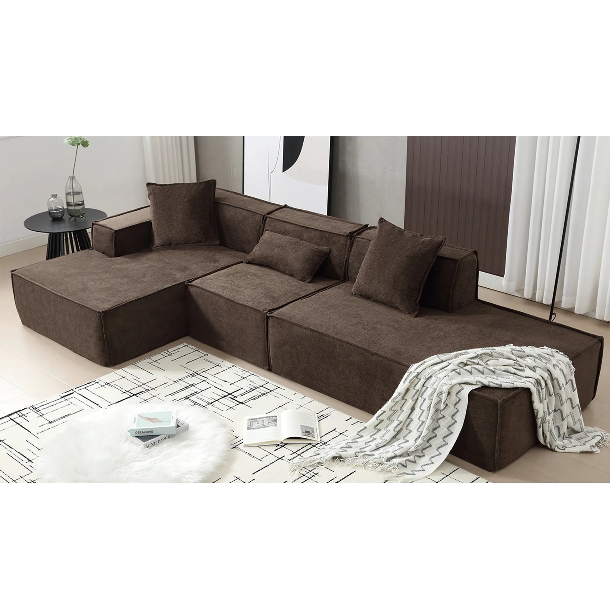 Modular Lounge Sofa, L Shaped Sectional with Chaise, Brown