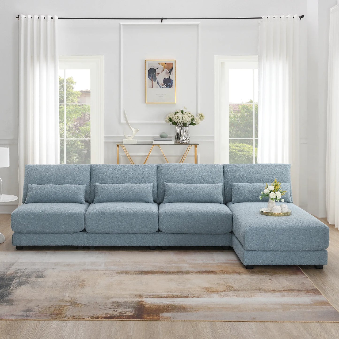 L Shape Couch, Deep Seat Sectional Sofa with Reversible Chaise, Blue