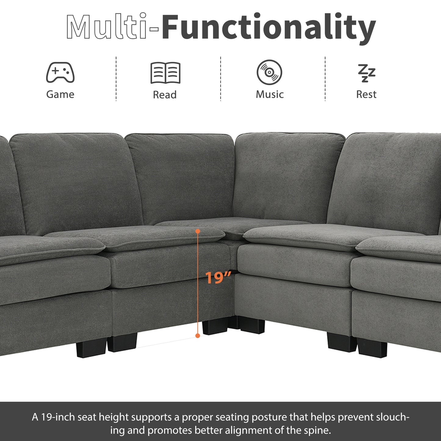Corner Sectional Sofa, L-Shaped Comfy Couch, Gray