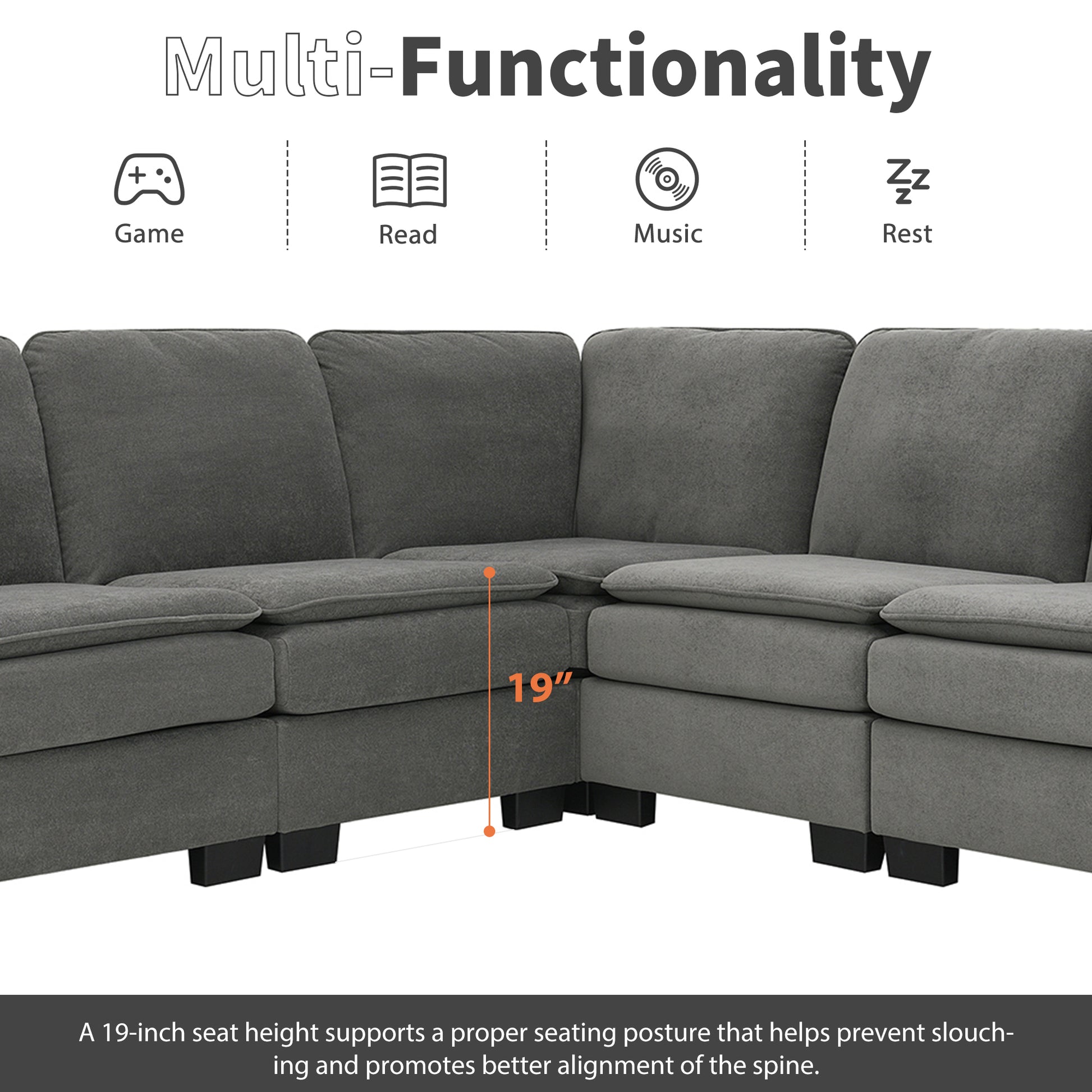 Corner Sectional Sofa, L-Shaped Comfy Couch, Gray