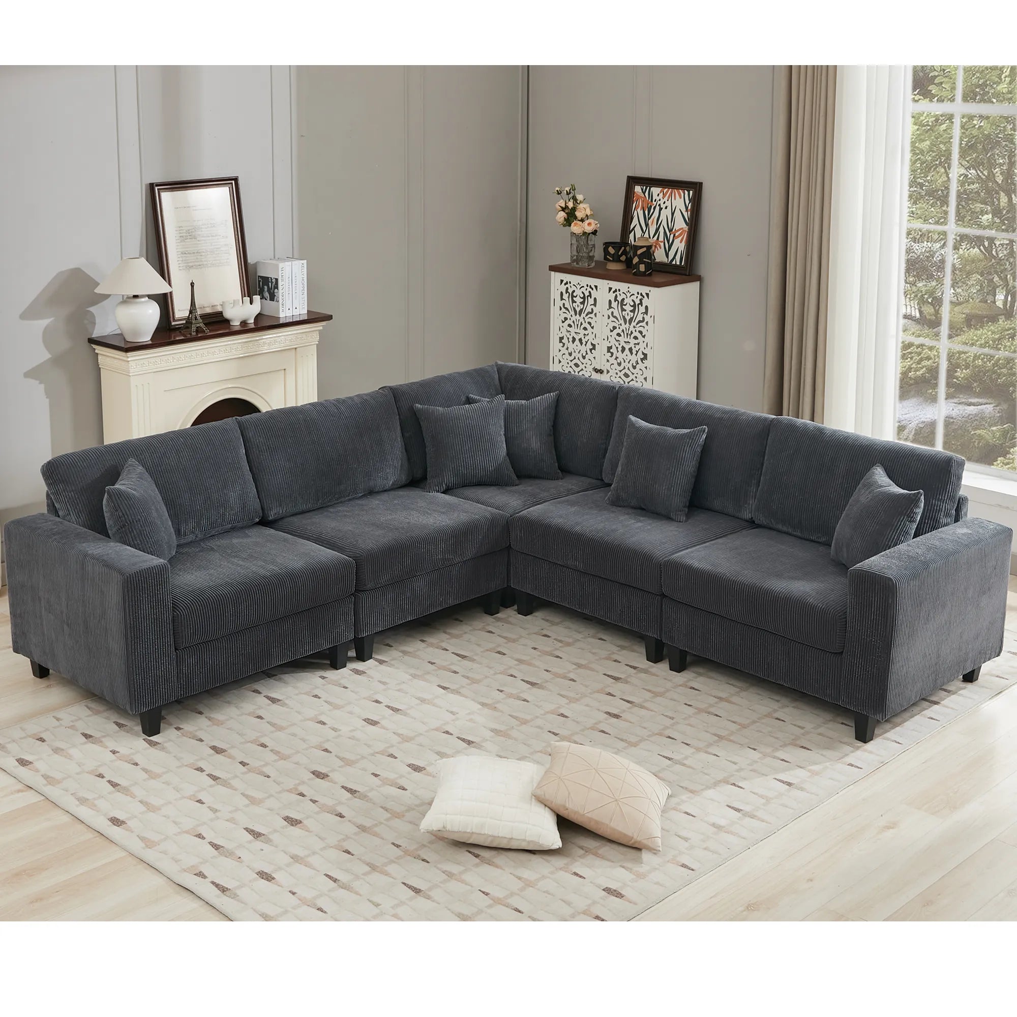 Modular Sectional Sofa, Deep Seat Corduroy Couch, Dark Gray