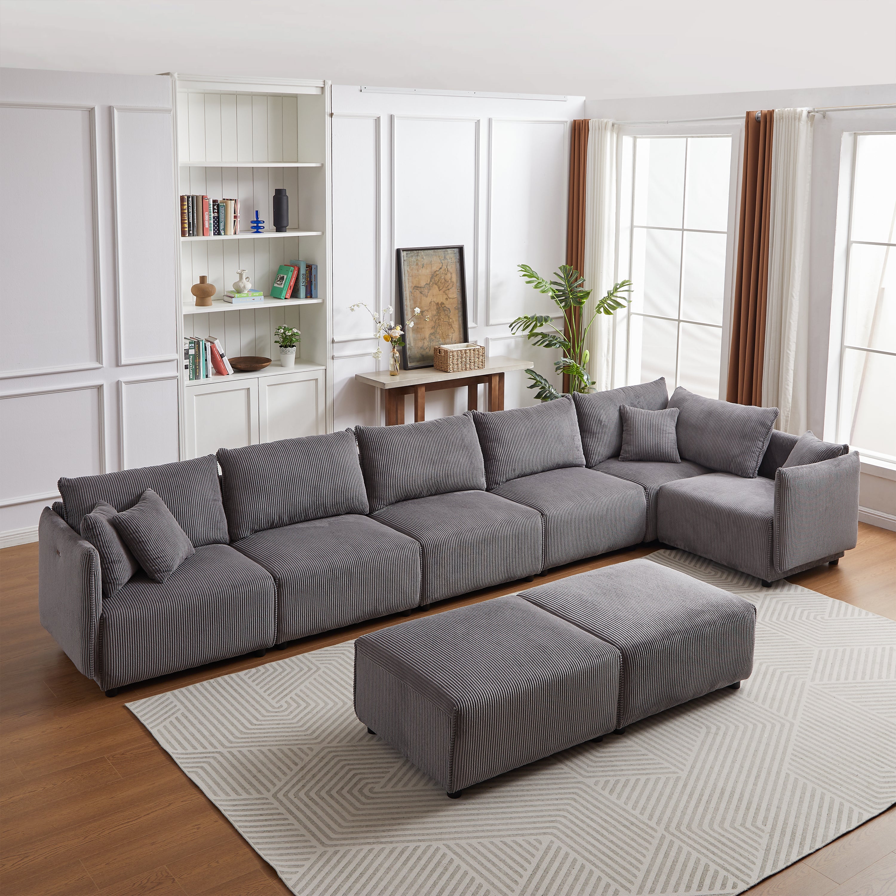 Modular U Shaped Sectional Sofa, Corduroy Couch with Ottoman - Gray