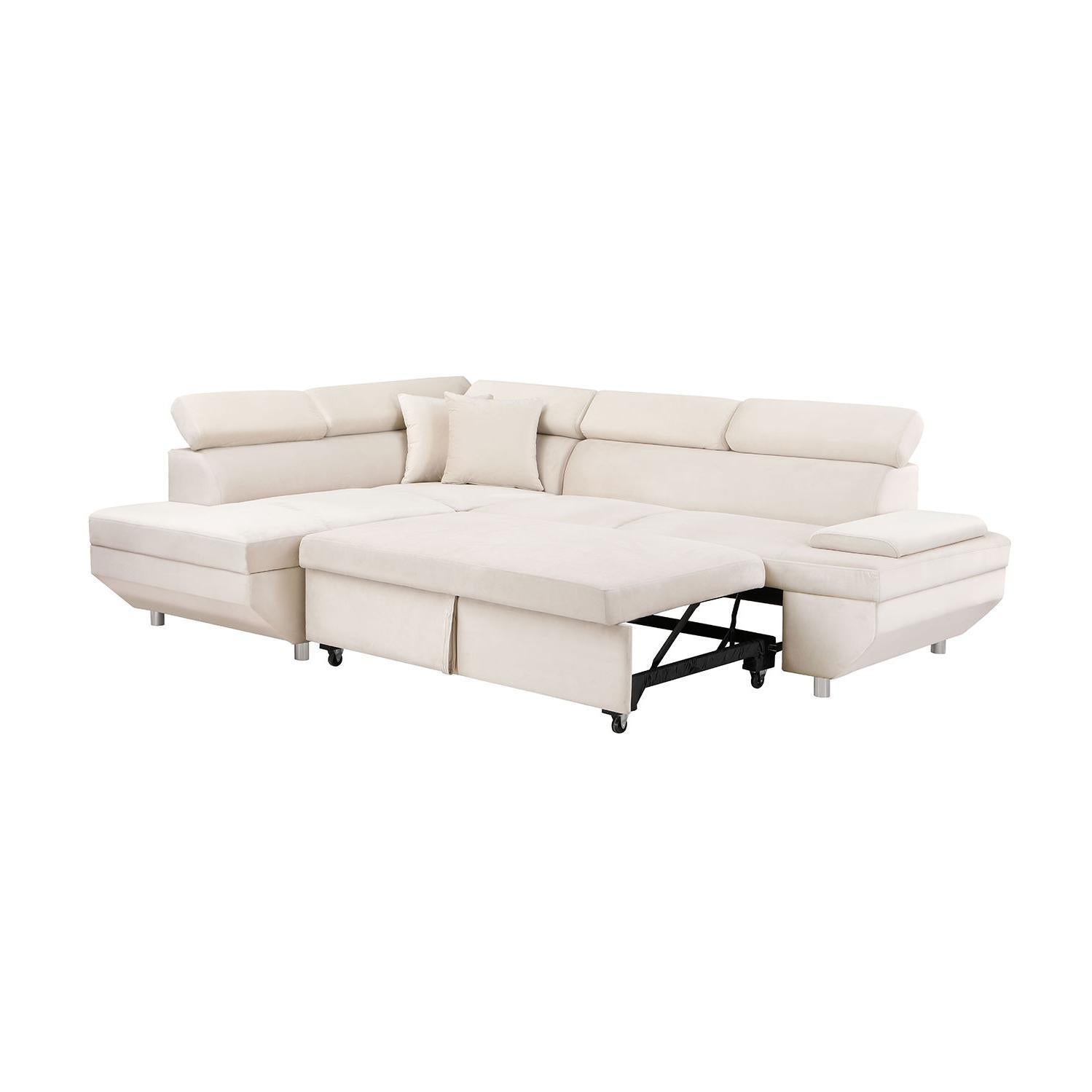 L-Shaped Velvet Sleeper Sofa, 2 in 1 Pull Out Couch Bed, Left or Right Facing - Beige