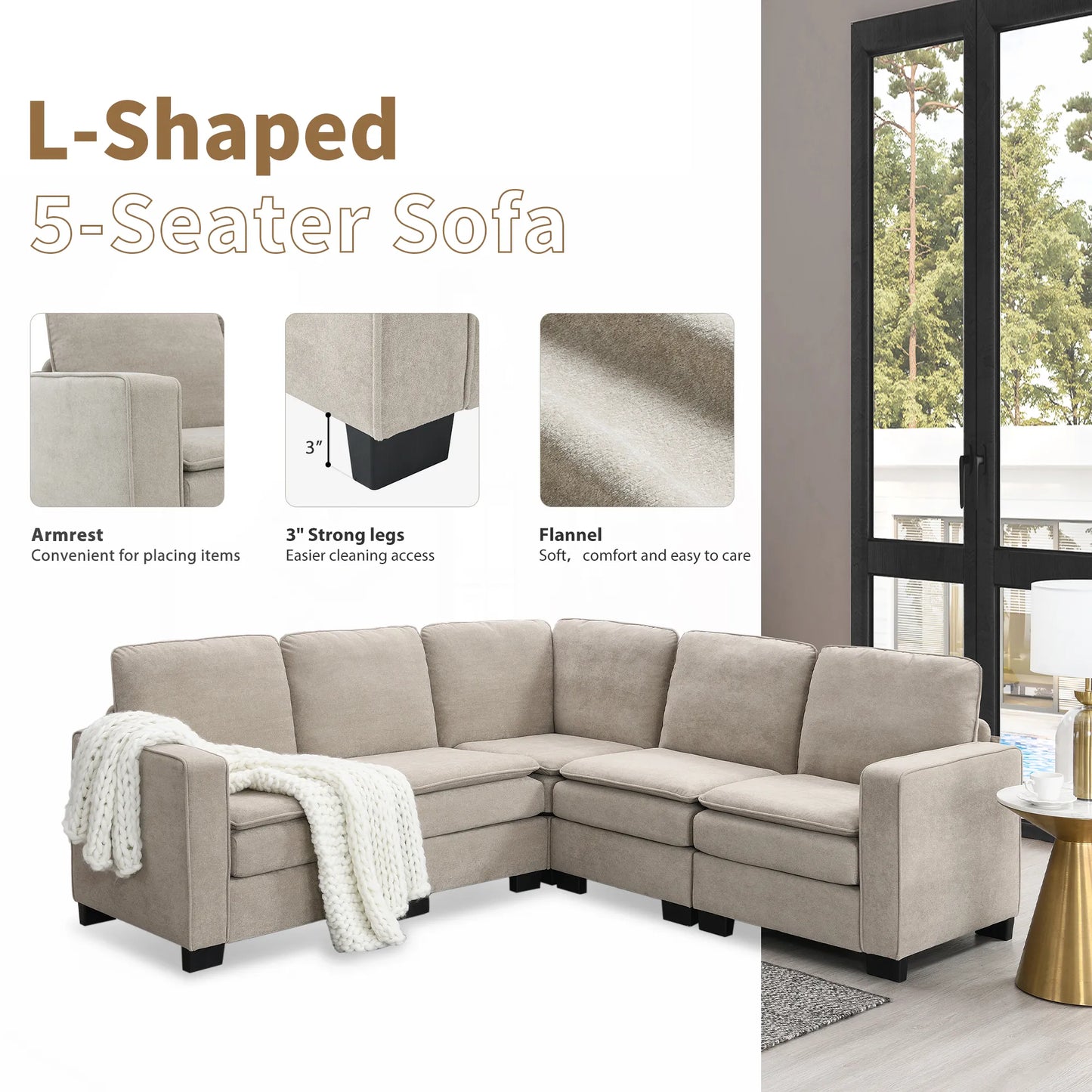 Corner Sectional Sofa, L-Shaped Comfy Couch, Khaki
