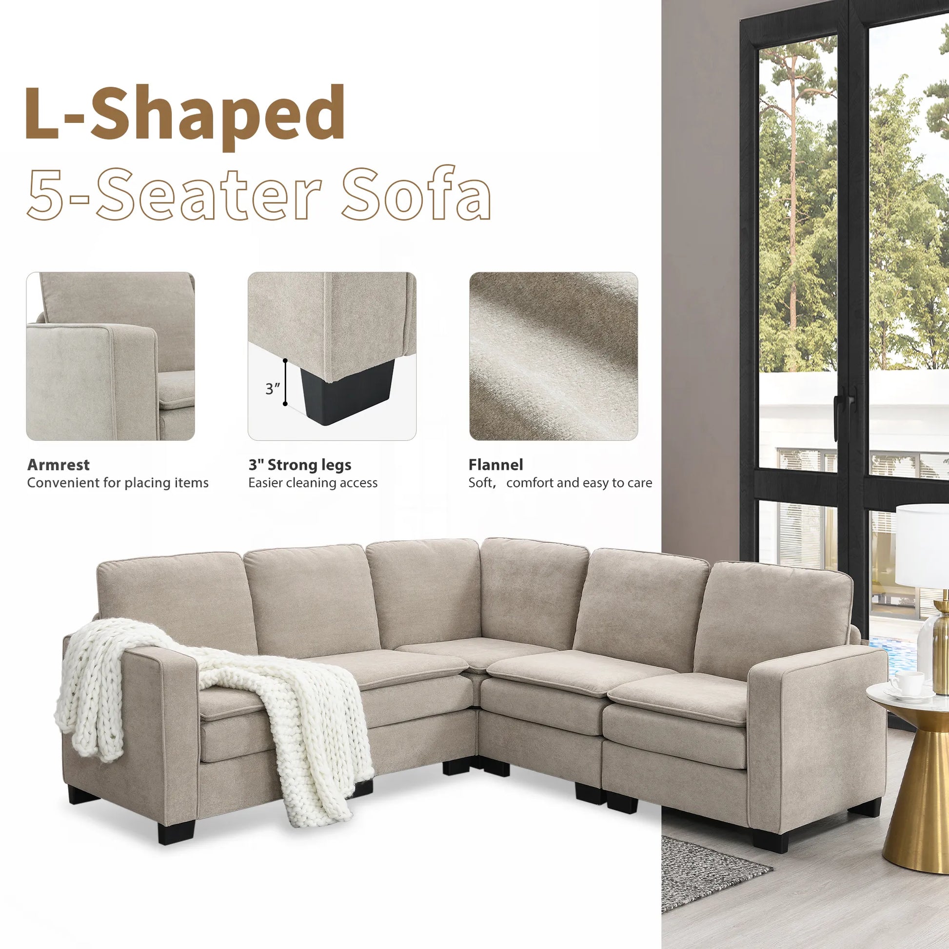 Corner Sectional Sofa, L-Shaped Comfy Couch, Khaki