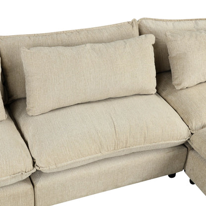 Comfy Sectional Cloud Couch, Chenille Sofa with Ottoman, Beige