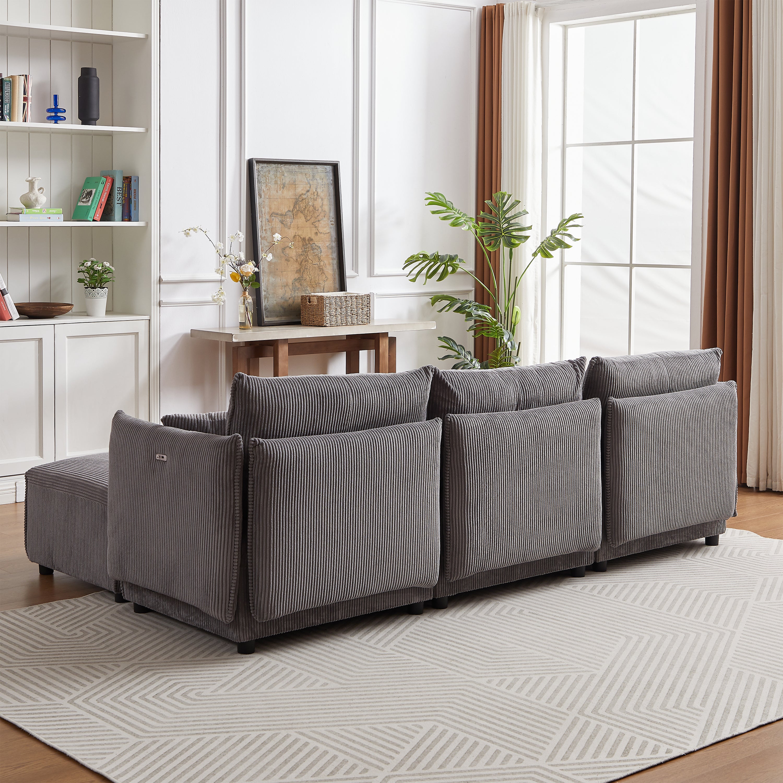 Modular U Shaped Sectional Sofa, Corduroy Couch with Ottoman - Gray