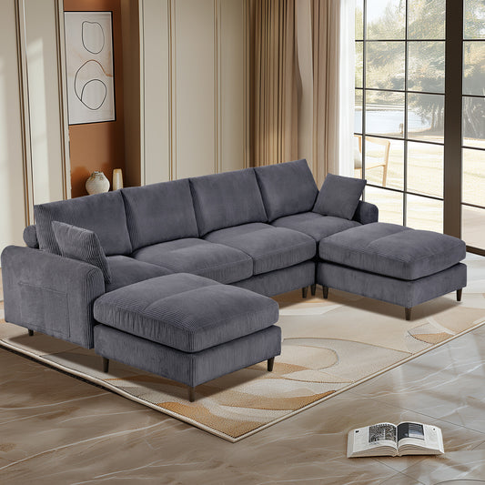 Modular Corduroy Couch, U Shaped Sectional 6 Seat Sofa with Ottoman, Gray