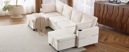 Corduroy Couch with Chaise Sleeper, Sectional Sofa Pull-Out, Beige