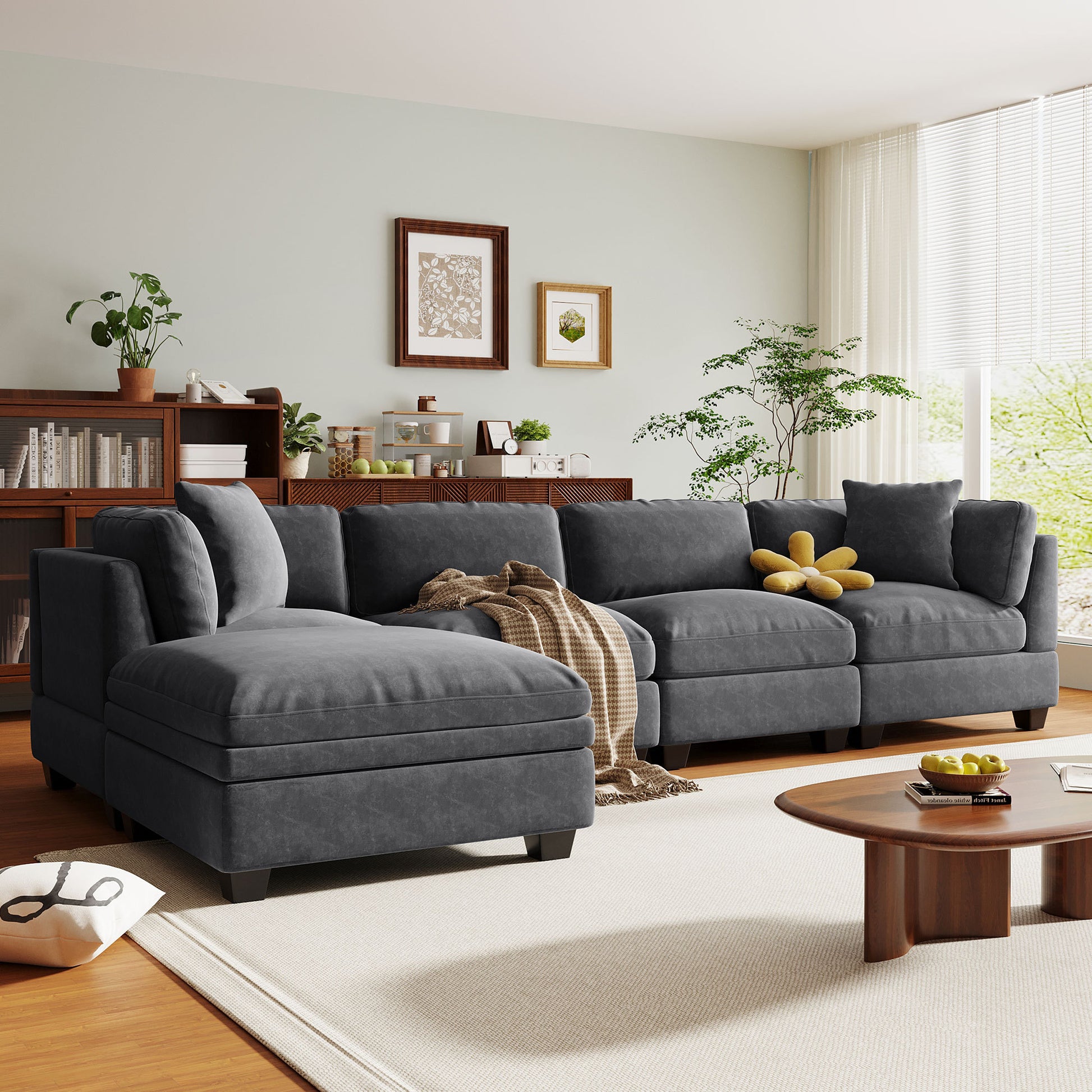 Modular Sofa with Removable Storage Ottoman, 5 Seat Sectional sofa with 2 Hidden Cup Holders