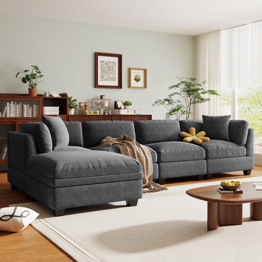 Modular Sofa with Removable Storage Ottoman, 5 Seat Sectional sofa with 2 Hidden Cup Holders