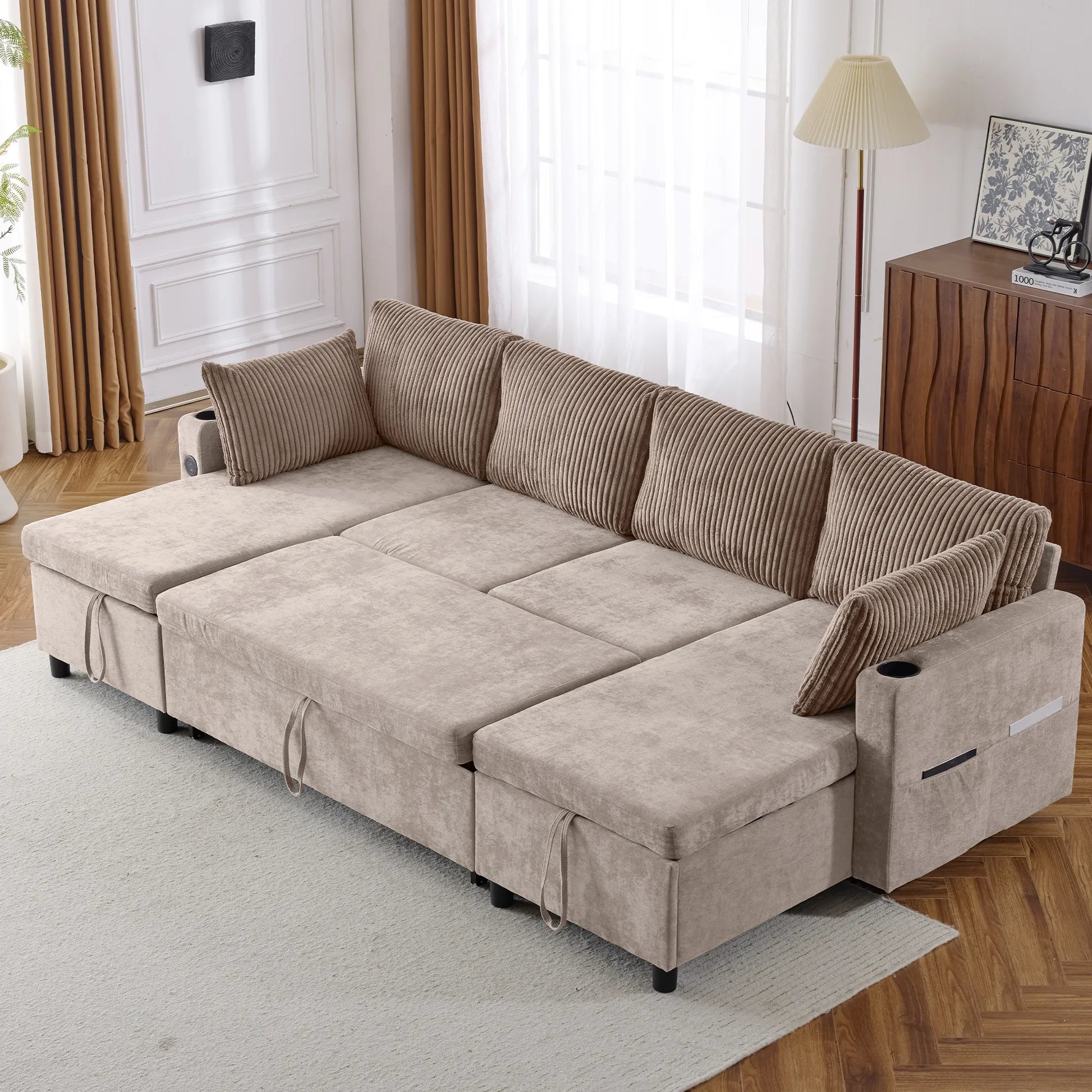 Corduroy Couch with Chaise Sleeper, Sectional Sofa Pull-Out, Brown