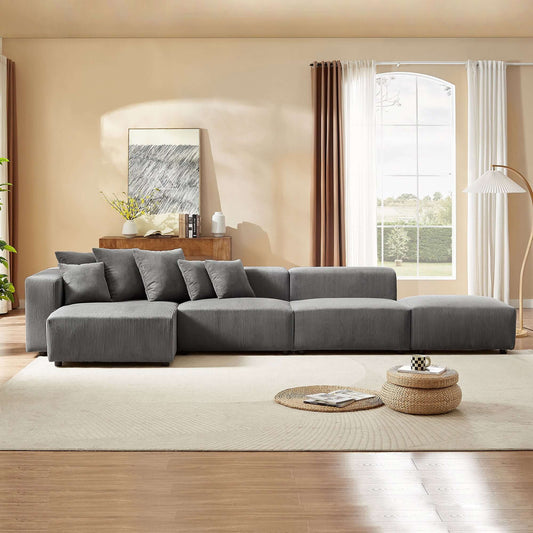 Corduroy Couch, 4 Piece Sofa with Chaise Lounge - Gray