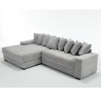 L Shaped Corduroy Couch, Plush Chaise Lounge Sofa, Gray