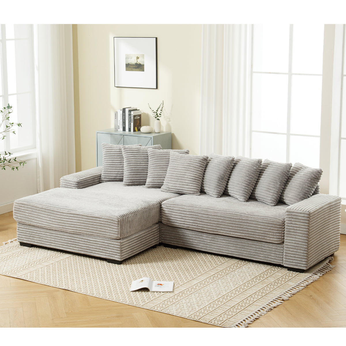 L Shaped Corduroy Couch, Plush Chaise Lounge Sofa, Gray