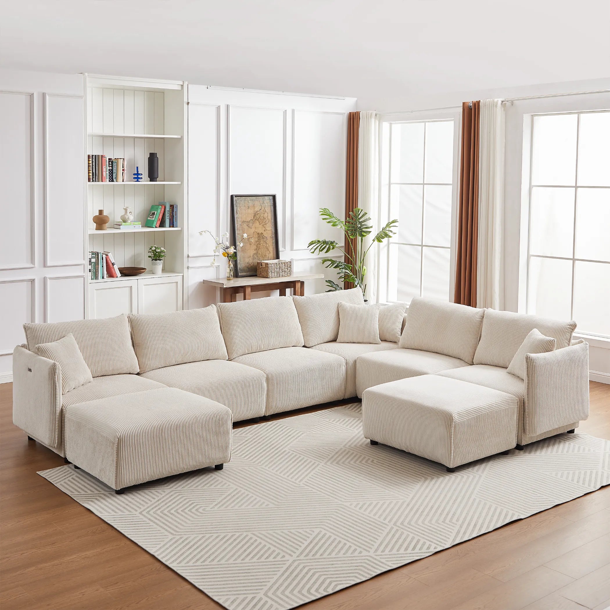 Modular U Shaped Sectional Sofa, Corduroy Couch with Ottoman - Beige