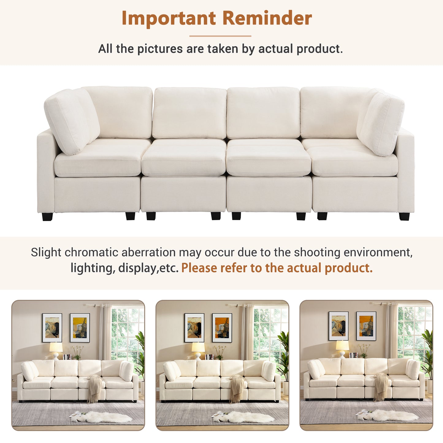 U Shaped Couch, Chenille Sectional Sofa with Ottoman, Beige