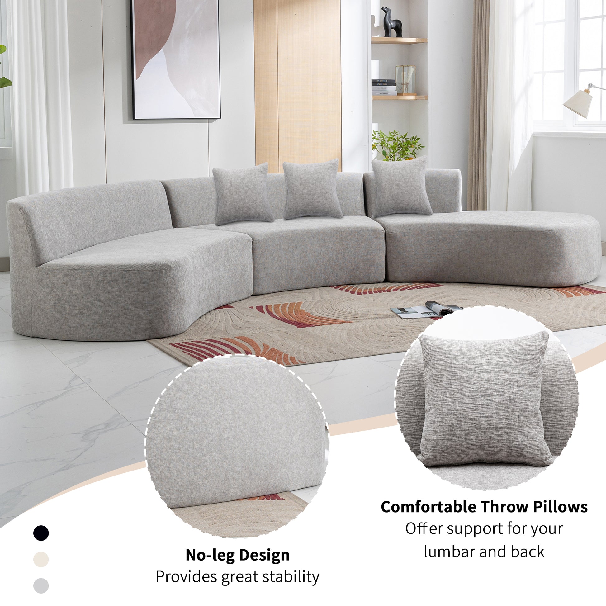 Curved Sofa, Modern Large Sectional Couch - Gray