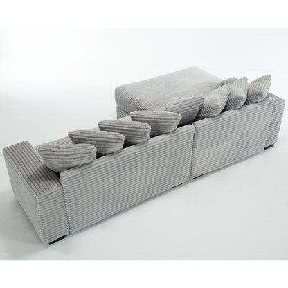 L Shaped Corduroy Couch, Plush Chaise Lounge Sofa, Gray
