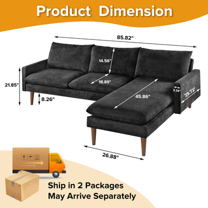 Louie Small Velvet Couch, L Shape Sofa with Chaise, Black