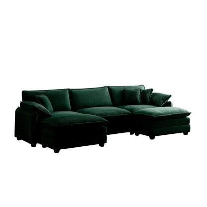 U Shape Sectional Cloud Sofa, Plush Corduroy Couch with Ottoman, Green