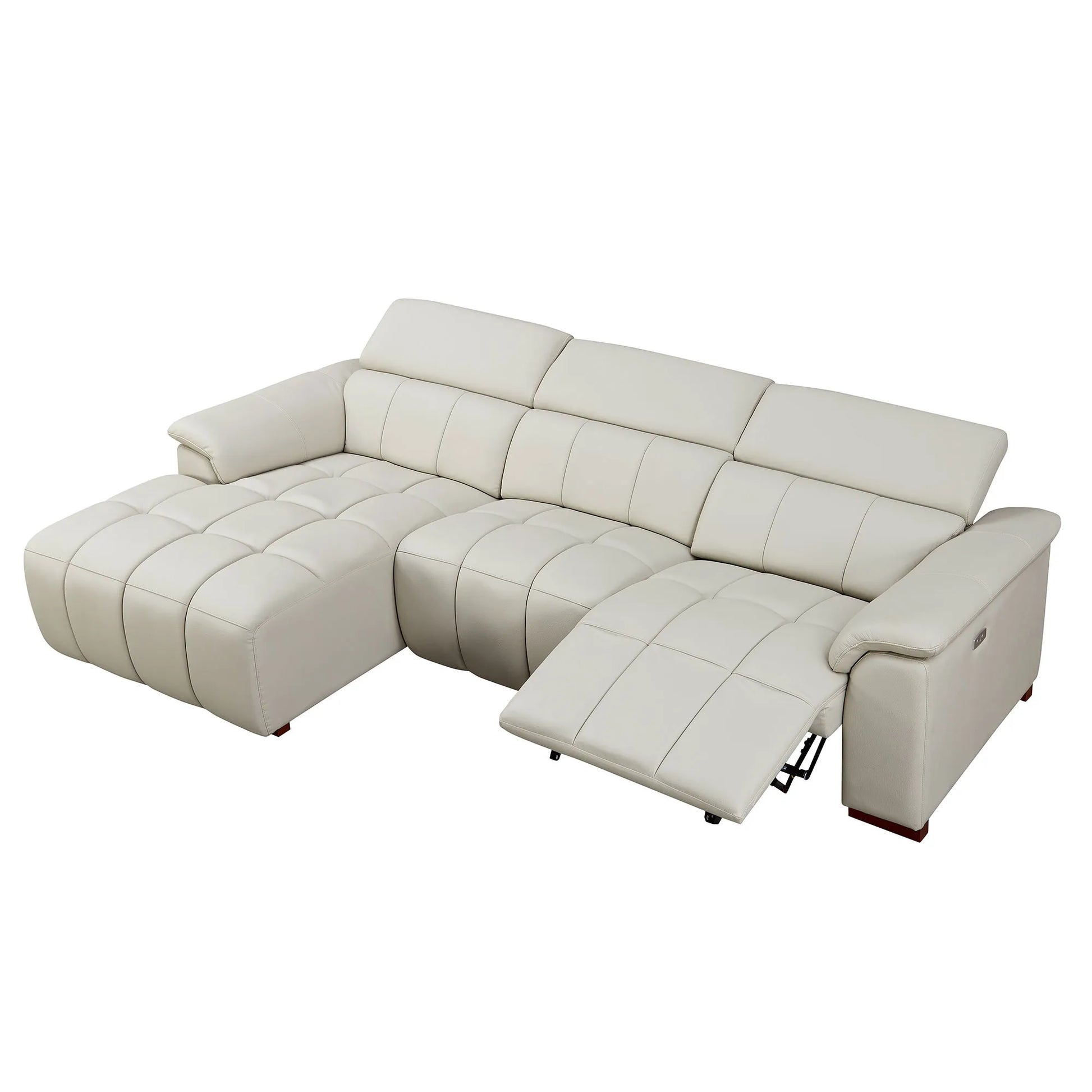 Genuine Leather Recliner Sofa, Modern Couch with Chaise, USB and Adjustable Headrest, Light Grey