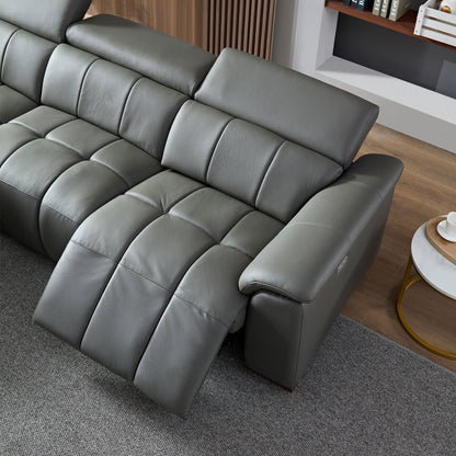 Genuine Leather Recliner Sofa, Modern Couch with Chaise, USB and Adjustable Headrest, Dark Grey