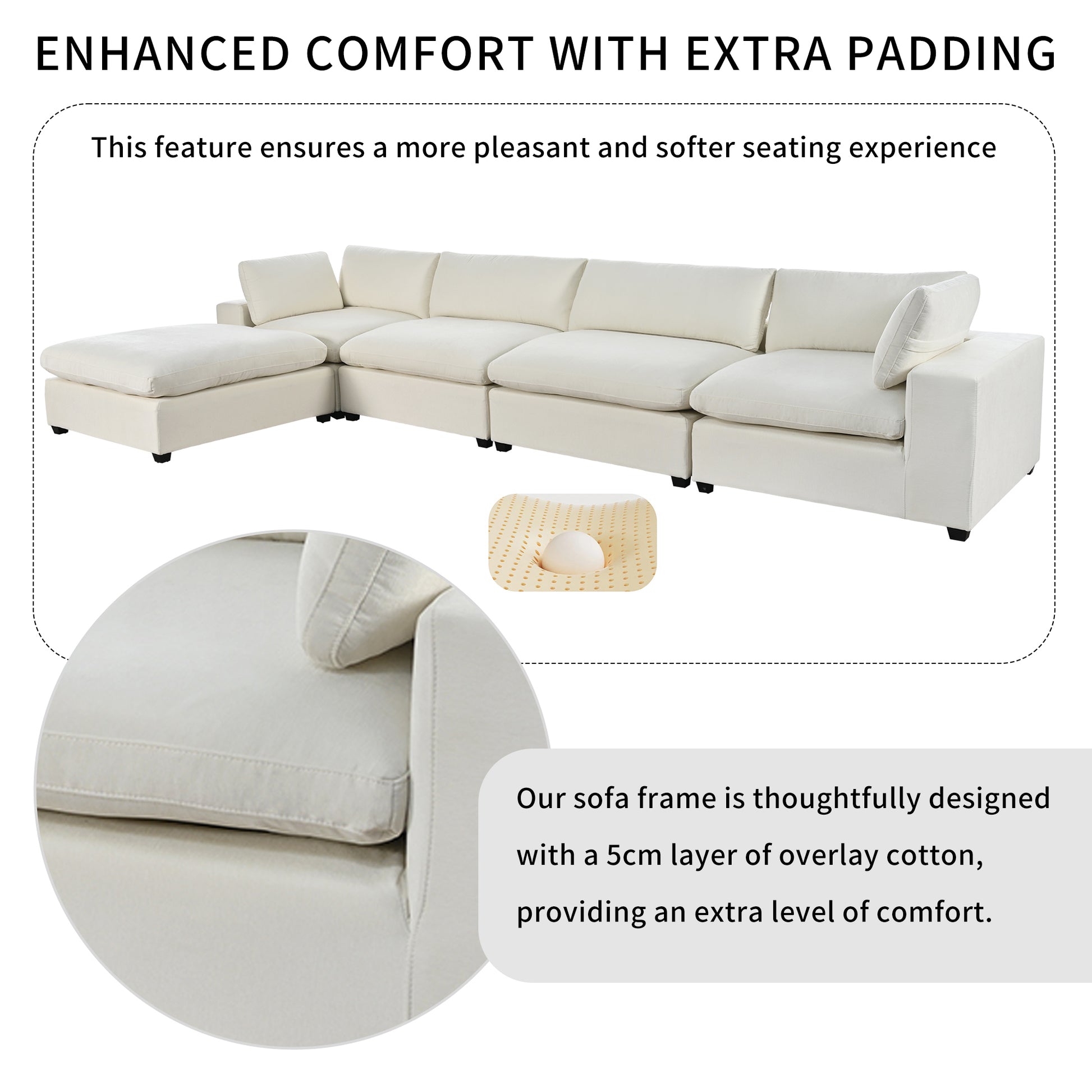 Cloud Couch Sectional, Large Modular Sofa with Ottoman, Beige