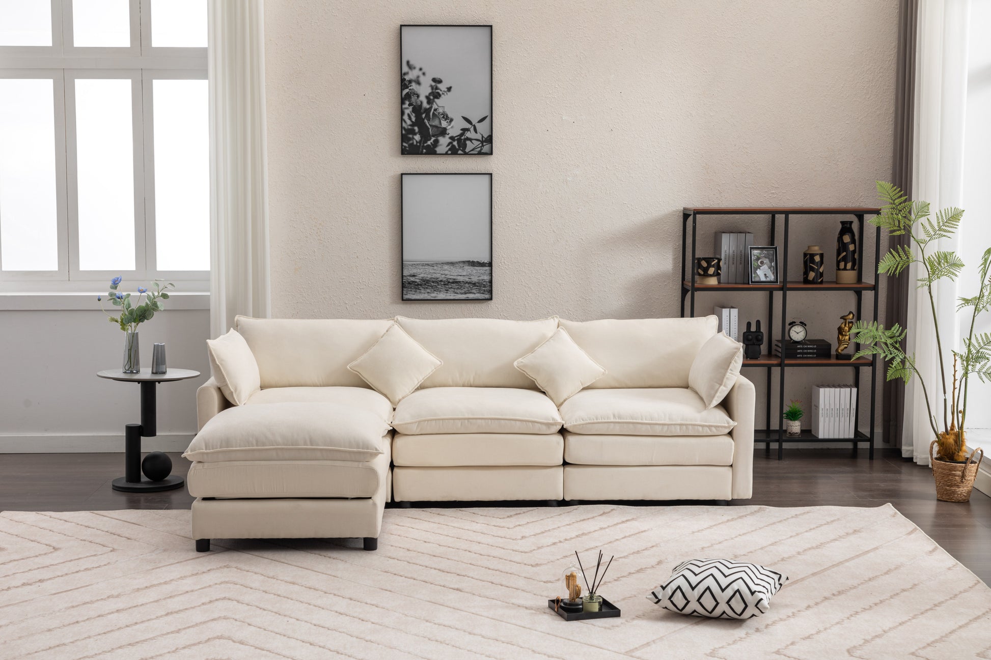 Louie Sofa L Shape, Modular Couch with Ottoman - Beige