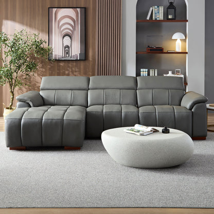 Genuine Leather Recliner Sofa, Modern Couch with Chaise, USB and Adjustable Headrest, Dark Grey