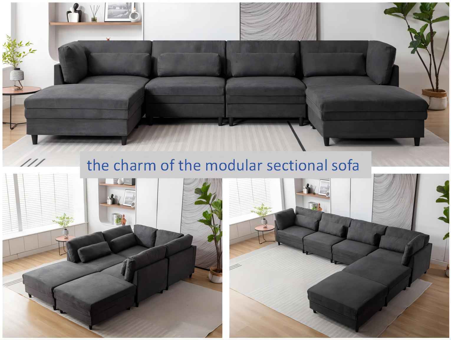 U Shaped Sectional, Sofa with Chaise Lounge - Dark Gray