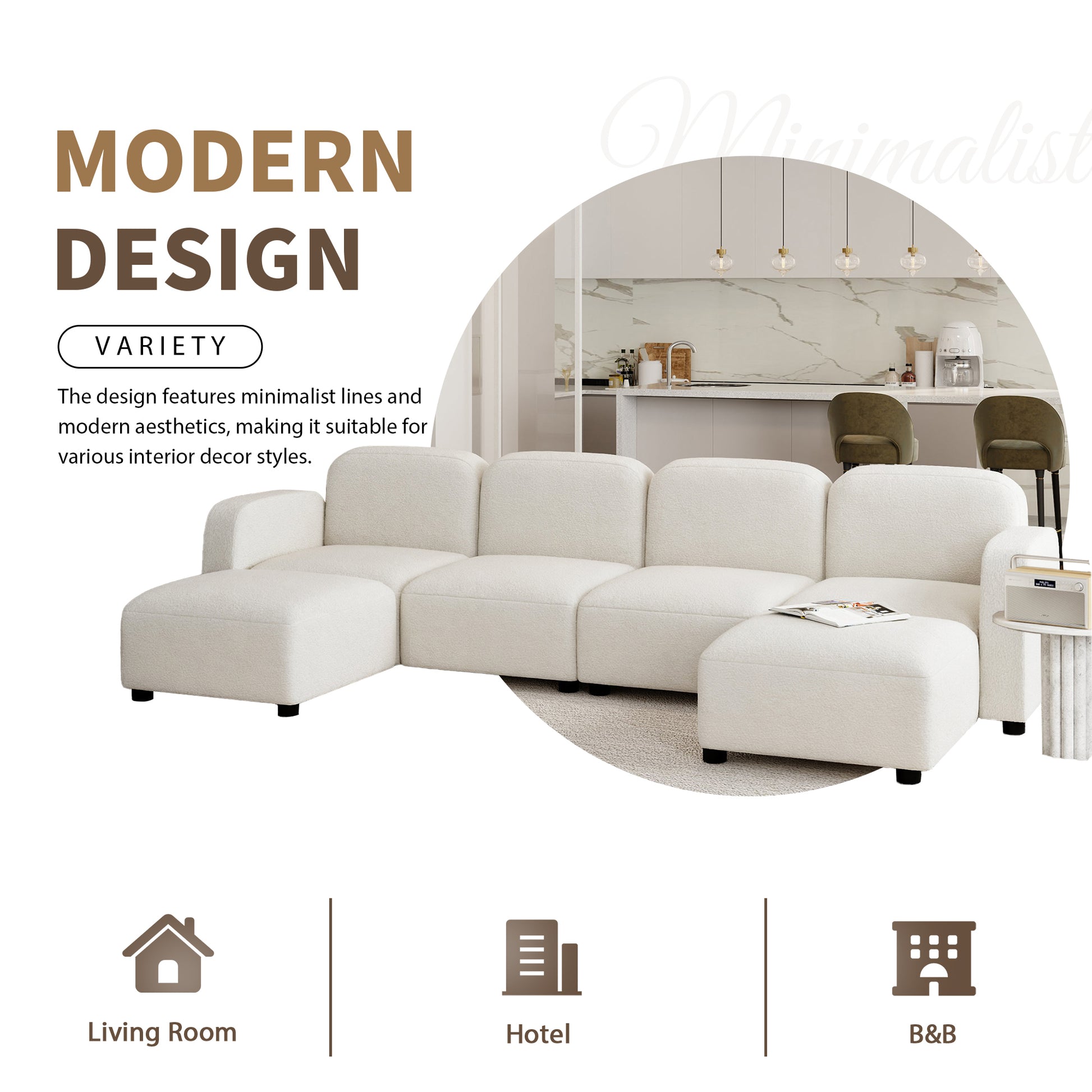 Modern U Shaped Sectional, Modular Comfy Couch with Ottoman, Beige