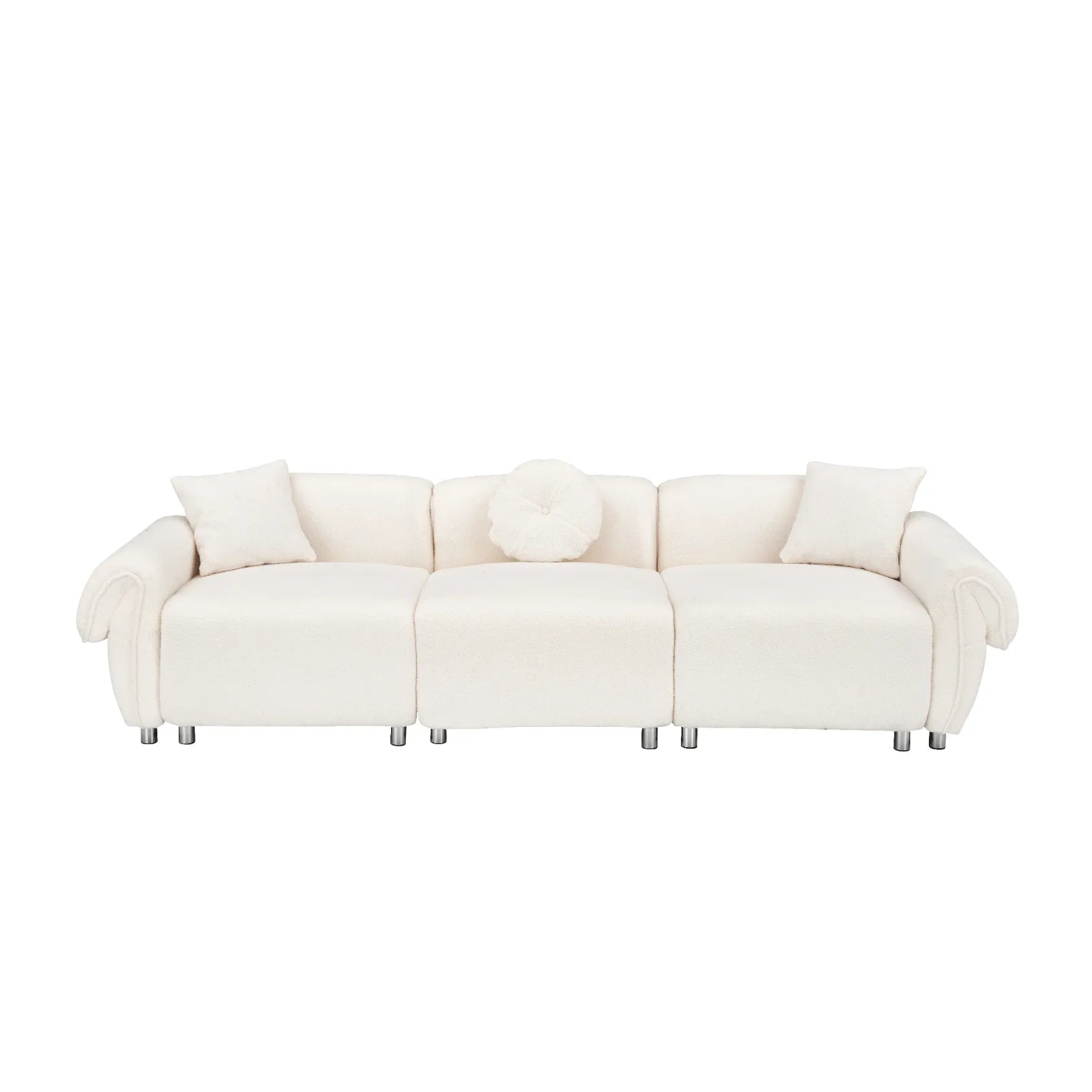 3 Seater Sofa, Plush Upholstered Teddy Velvet Couch, Beige