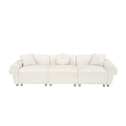 3 Seater Sofa, Plush Upholstered Teddy Velvet Couch, Beige