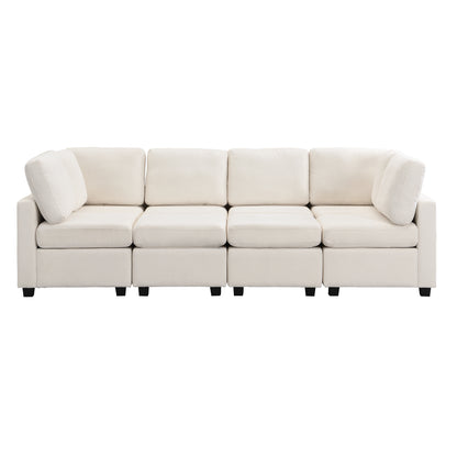 U Shaped Couch, Chenille Sectional Sofa with Ottoman, Beige