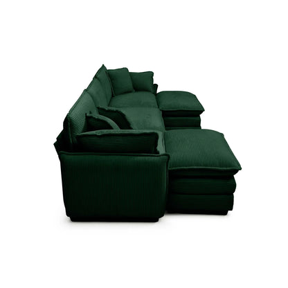 U Shape Sectional Cloud Sofa, Plush Corduroy Couch with Ottoman, Green