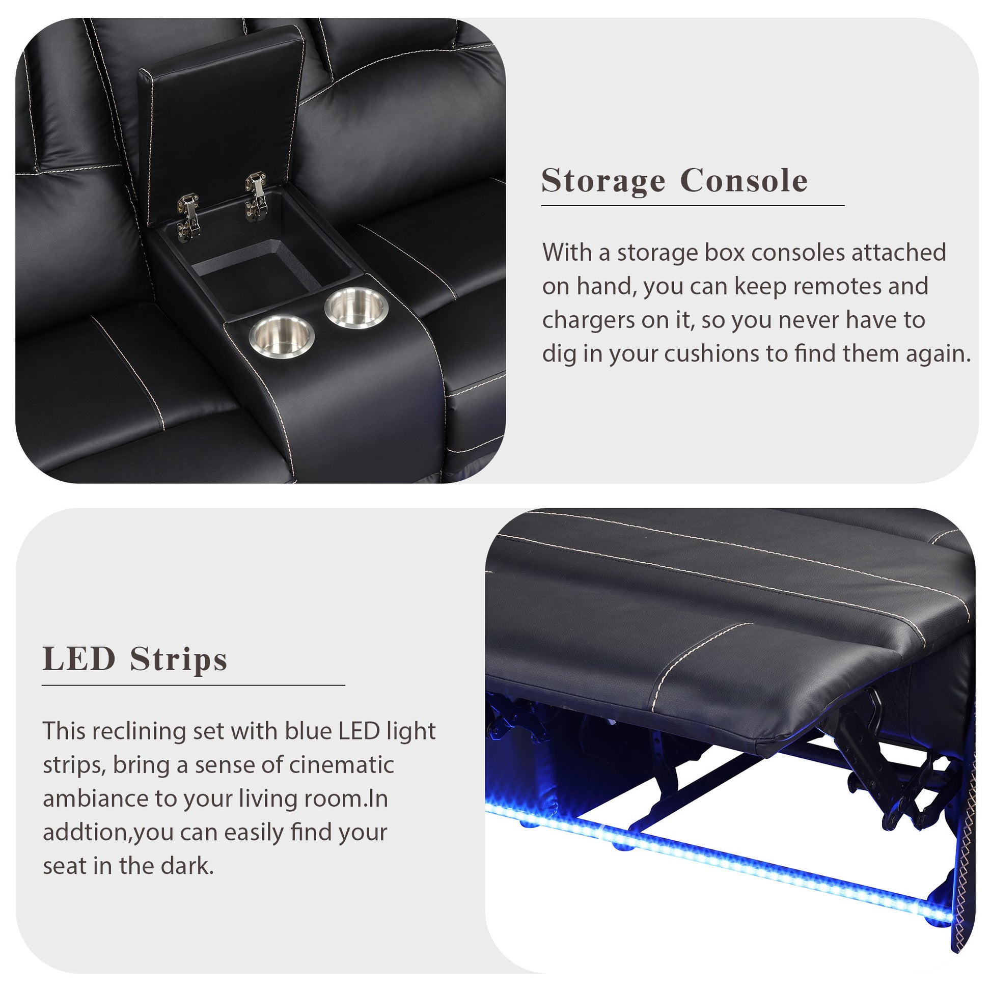 Modern Reclining Sofa, Corner Sectional Couch Recliner, Black