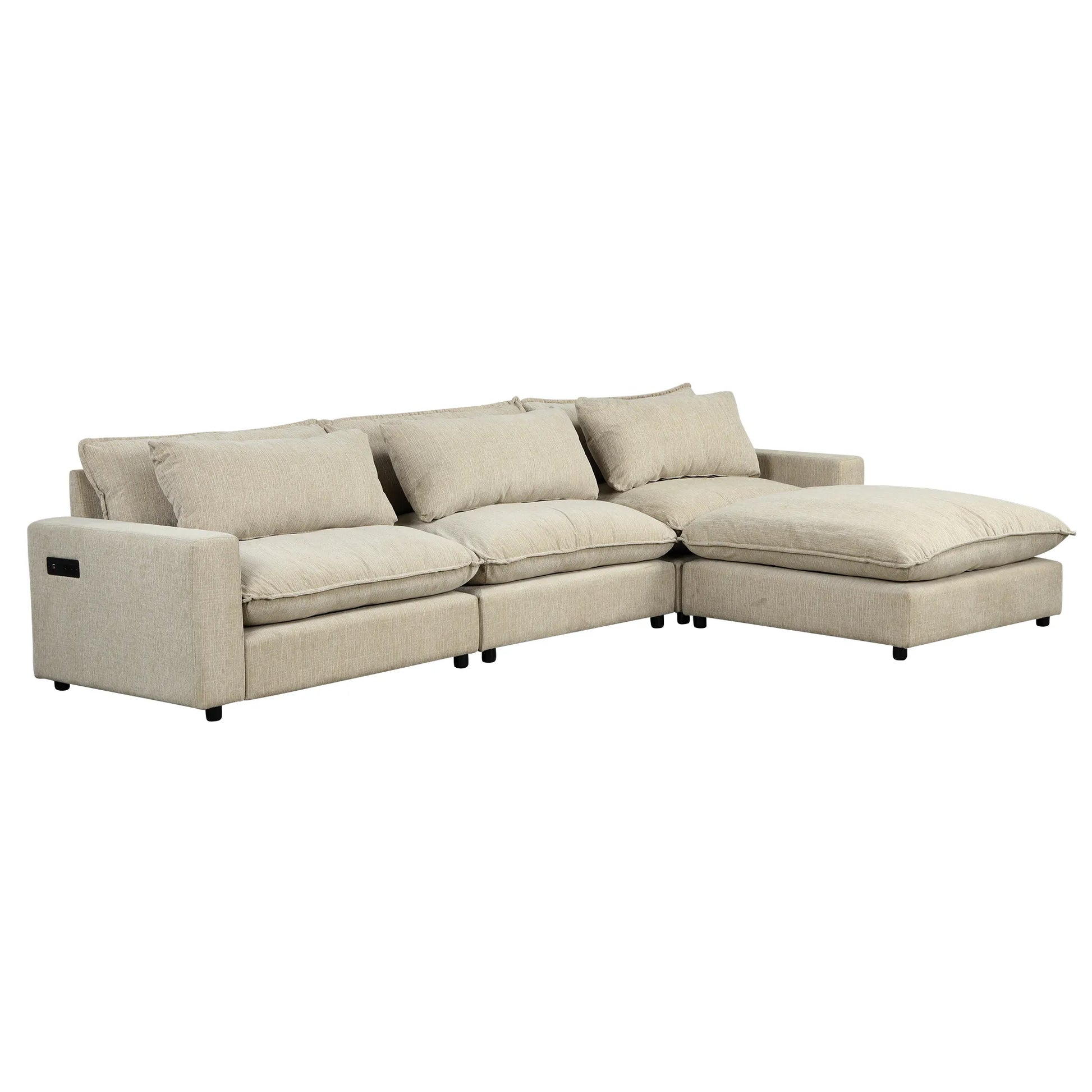 Comfy Sectional Cloud Couch, Chenille Sofa with Ottoman, Beige