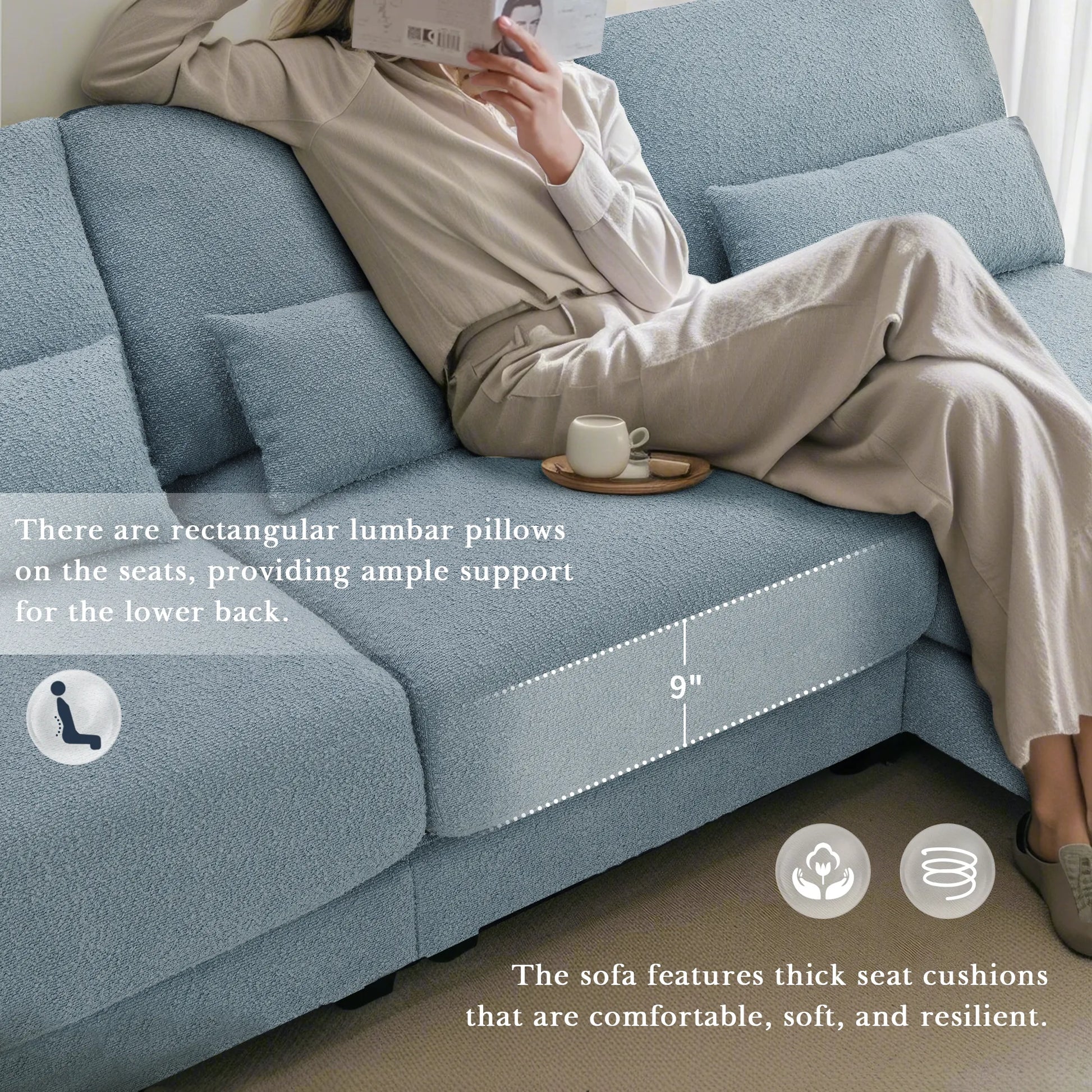 L Shape Couch, Deep Seat Sectional Sofa with Reversible Chaise, Blue