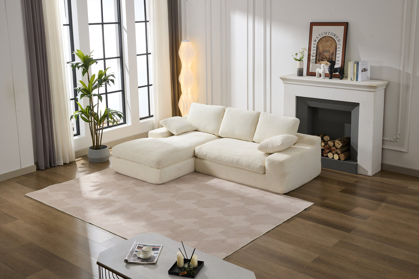 Chaise Lounge Sofa, L Shape Reversible Corduroy Couch Sectional, White