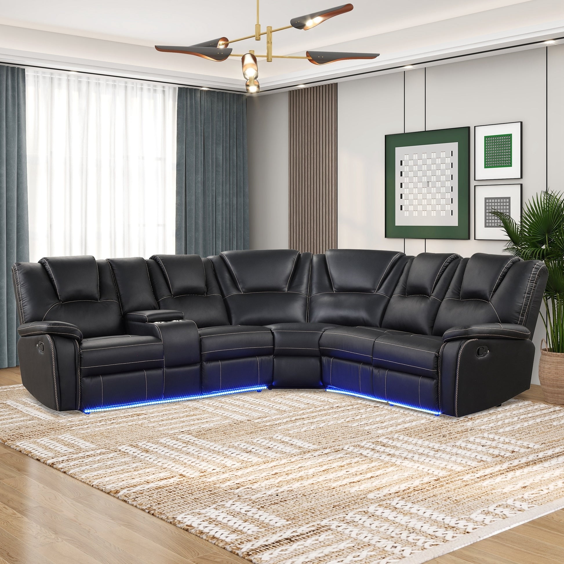 Modern Reclining Sofa, Corner Sectional Couch Recliner, Black