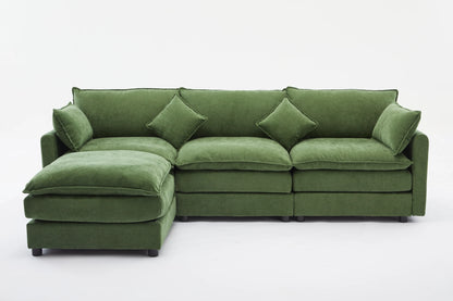 3 Seater Sofa, L Shaped Couch with Ottoman, Beige/Gray/Green