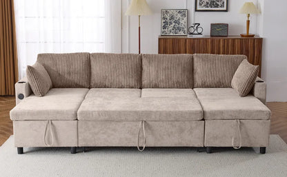 Corduroy Couch with Chaise Sleeper, Sectional Sofa Pull-Out, Brown