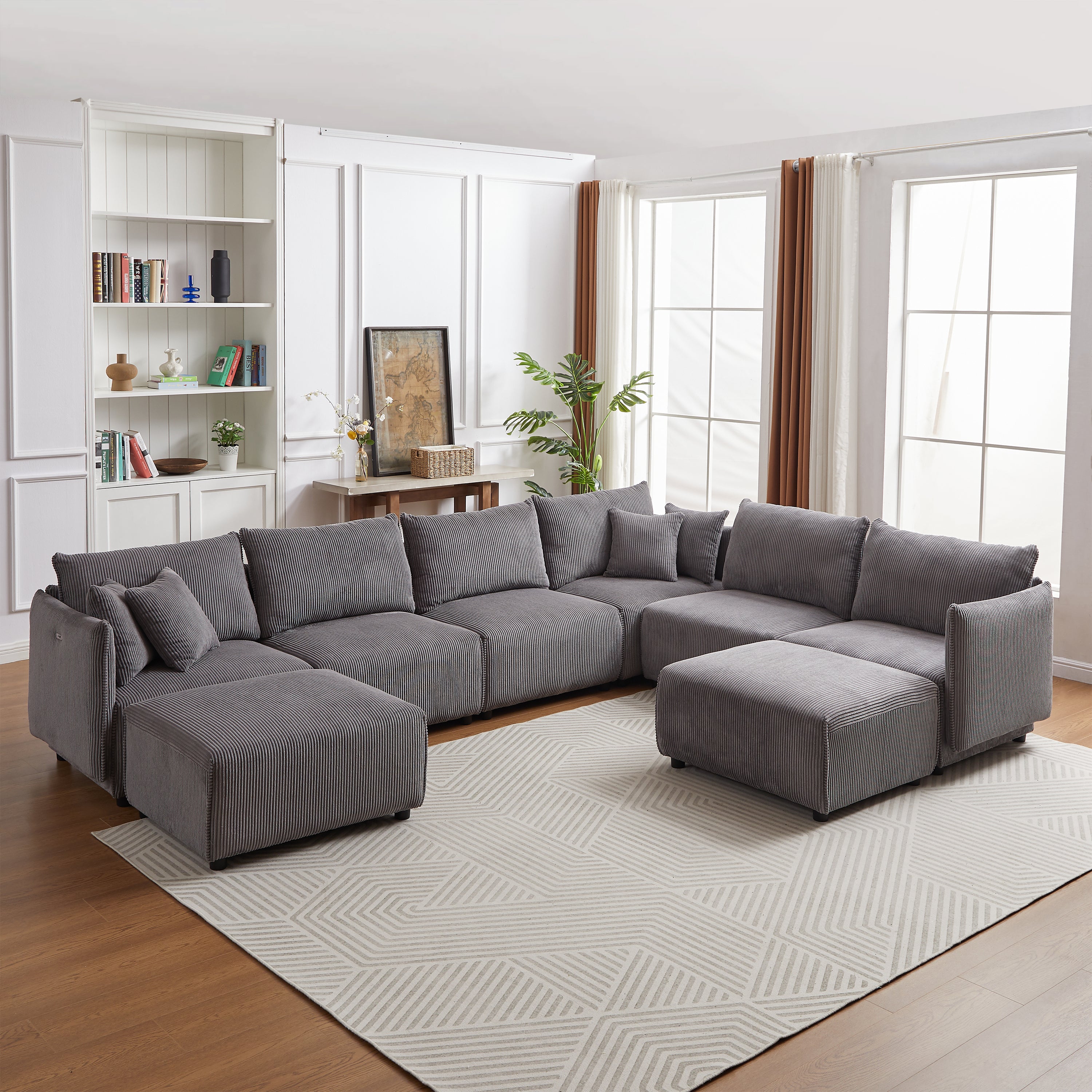 Modular U Shaped Sectional Sofa, Corduroy Couch with Ottoman - Gray