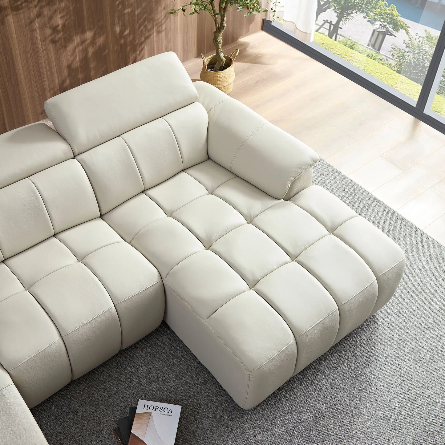 Genuine Leather Recliner Sofa, Modern Couch with Chaise, USB and Adjustable Headrest, Light Grey