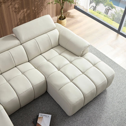 Genuine Leather Recliner Sofa, Modern Couch with Chaise, USB and Adjustable Headrest, Light Grey